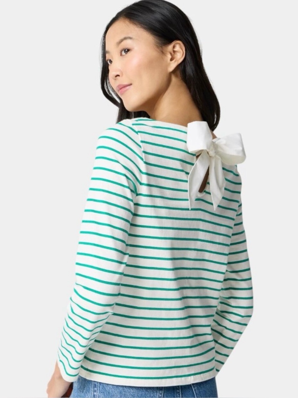 J Crew Factory Striped Bow-Back Long Sleeve Top in Green and White.  NWT